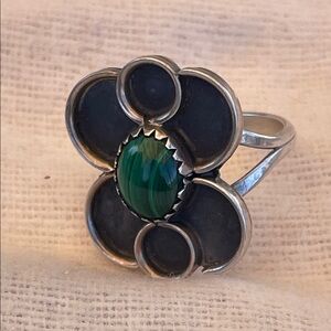 Sterling Silver Flower Ring with Green Malachite Center Native American